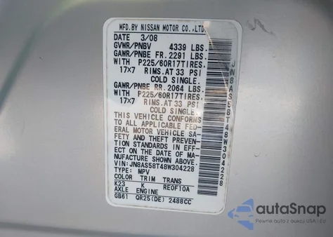 2008 Nissan Rogue Sl from USA, damaged, VIN JN8AS58T48W304228